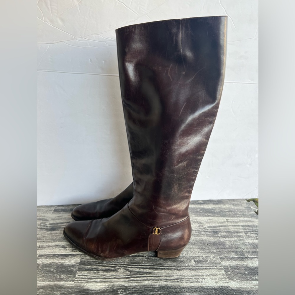 Salvatore Ferragamo Brown Leather Knee High Boots Sz 10 AAA Narrow Riding Classi
